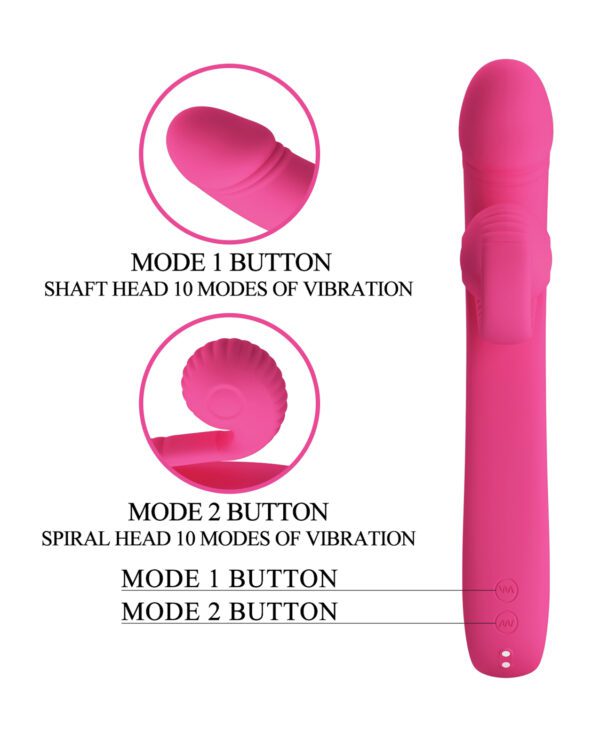 Illustration of a pink vibrating massager with labels indicating Mode 1 and Mode 2 buttons and features such as 10 modes of vibration for both the shaft head and spiral head.