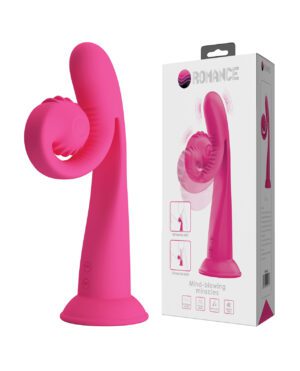 A pink personal massager beside its product box with descriptive icons and text.