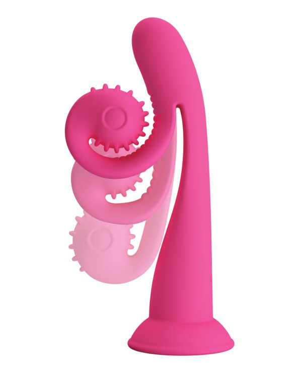 ::A vibrant pink abstract object with interconnected gears on a plain background.