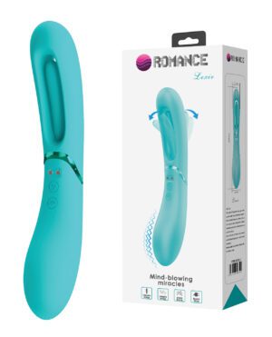 A turquoise personal massager with its packaging, featuring the product name "ROMANCE Lexie" and the slogan "Mind-blowing miracles."