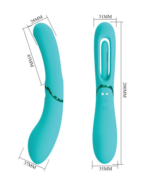 Two views of a teal personal massager displaying dimensions; the left side view shows height and width, while the top view shows length and button placement.