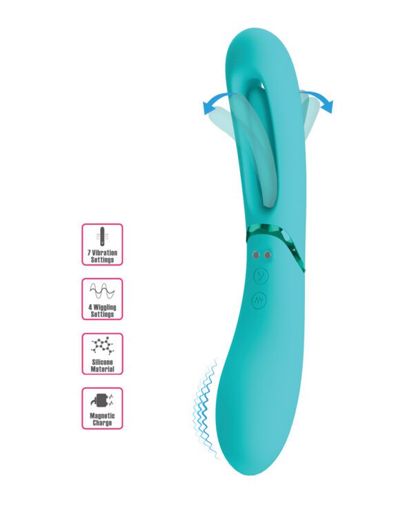 A teal personal massager with highlighted features like vibration and wiggling settings, silicone material, and magnetic charge on a white background.