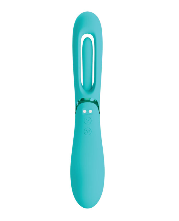 A modern, teal-colored handheld silicone fan with a rechargeable design, isolated on a white background.