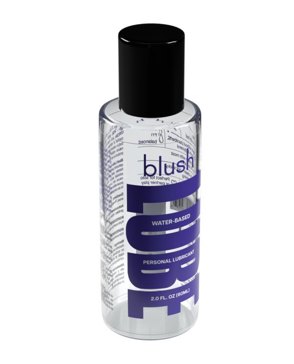 A clear bottle of water-based personal lubricant with a black cap and blue label text.