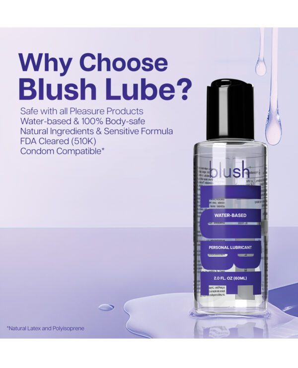 A bottle of Blush water-based lubricant on a promotional backdrop with text highlighting product features.