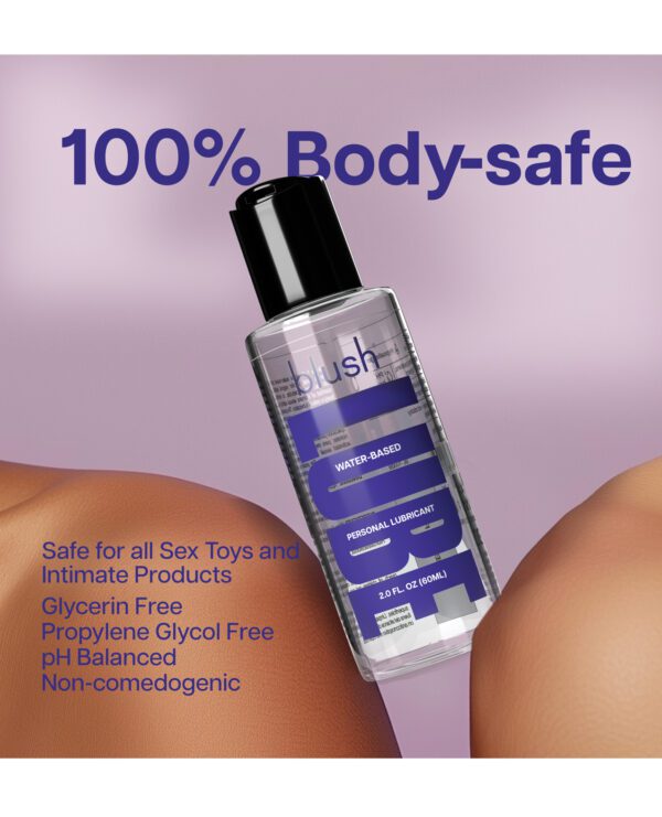 A close-up of a Blush water-based personal lubricant bottle with product features highlighted against a purple background.