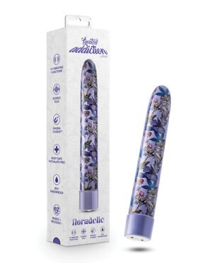 Product packaging and item displaying a floral-patterned personal massager with its features listed, such as 10 vibrating functions and waterproof design.