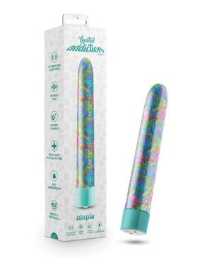 A patterned personal massager with its packaging, highlighting features like 10 vibrating functions, magnetic charging, and waterproof design.