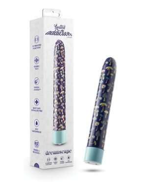 An adult toy called "Dreamscape" from the brand Limited Addiction is displayed next to its packaging which highlights features like "10 vibrating functions," "body-safe," and "waterproof." The product has a blue background with a moon and stars design and a teal base.
