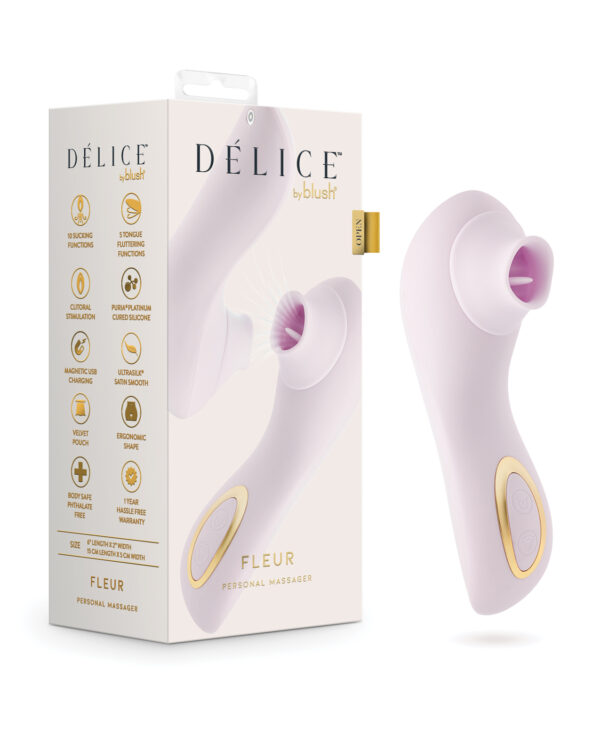 DÉLICE Fleur Personal Massager::A sleek and ergonomic personal massager featuring multiple sucking and fluttering functions, showcased in elegant packaging with detailed product information.