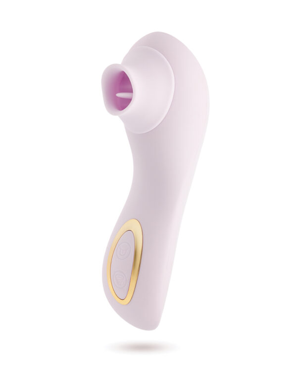 A sleek, ergonomic pleasure device in soft pink with a distinctive nozzle and gold accents, designed for ultimate comfort and ease of use.