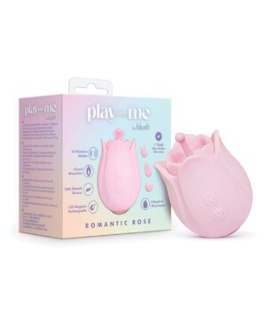 A pink "Romantic Rose" personal massager by Blush with its packaging, highlighting product features and a 1-year warranty badge.