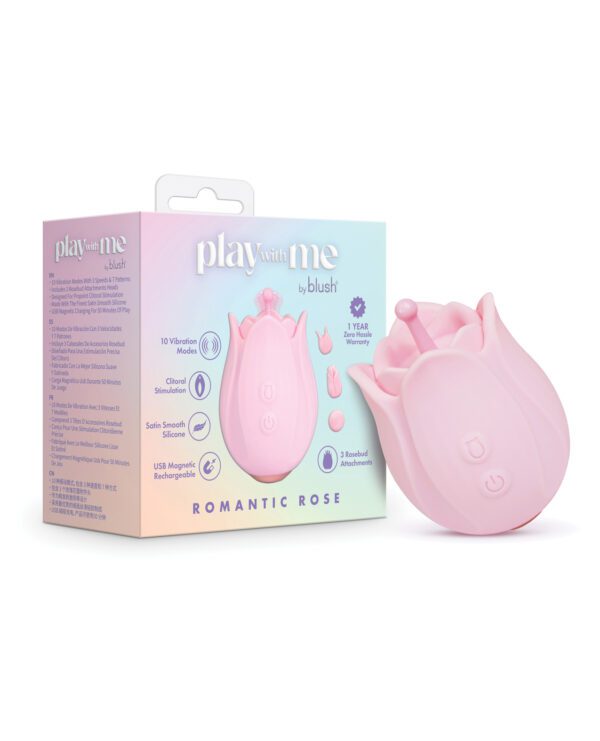 A pink "Romantic Rose" personal massager by Blush with its packaging, highlighting product features and a 1-year warranty badge.