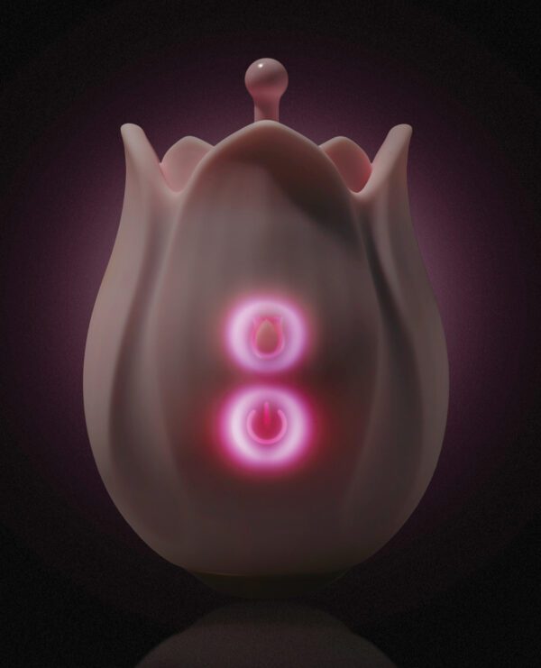 An artistic rendering of a surreal sculpture with glowing pink orbs aligned vertically on a dark background.