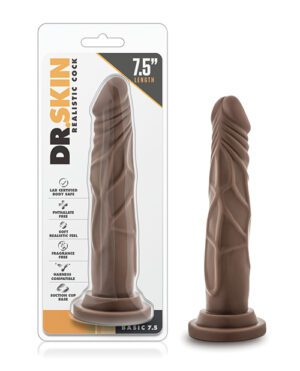 Packaging and product display of a Dr. Skin realistic dildo, with key features listed on the package, including a 7.5-inch length, lab certificated body safety, and suction cup base.