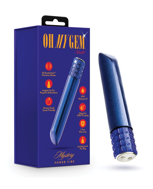 A blue personal massager beside its packaging which highlights features such as 10 vibration modes, waterproof design, USB charging, and a one-year warranty.