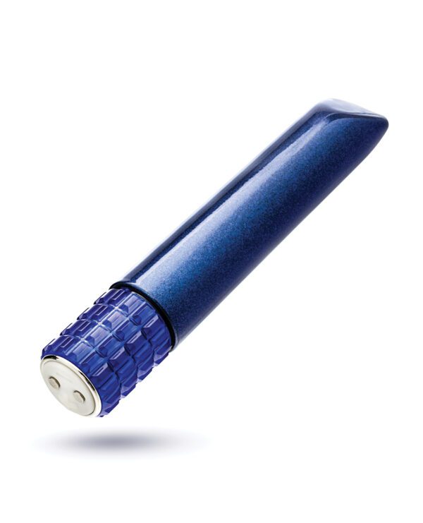 A luxurious blue fountain pen with a textured cap, shown at a diagonal angle against a white background