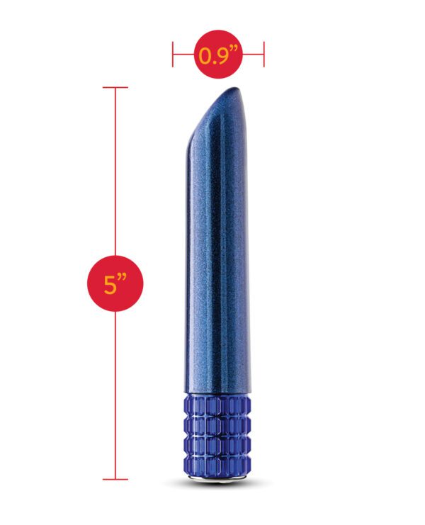 A metallic blue bullet with dimensions labeled showing a length of 5 inches and a diameter of 0.9 inches against a white background.