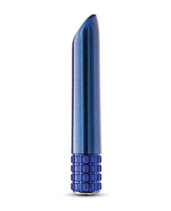 A single tube of blue glitter lipstick with a unique textured casing, isolated on a white background.