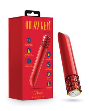 Red adult toy in packaging highlighting features like waterproof design and multiple vibration modes.