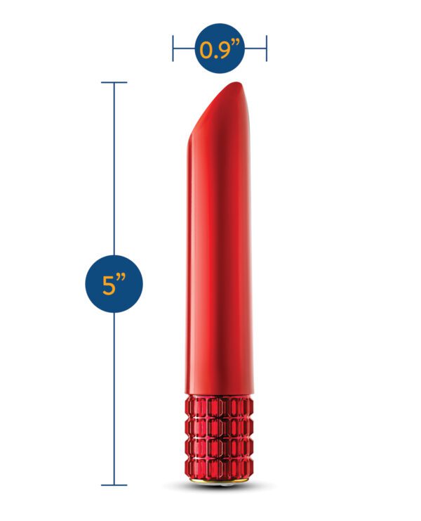 Red lipstick with a measurement indicator showing a length of 5 inches and a width of 0.9 inches against a white background.