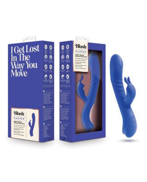 An image featuring three views of a product package for 'Blush Harper'. The left shows the front panel with the text "I Get Lost In The Way You Move," the middle displays the side of the box with product descriptions, and the right side shows the product partially removed from the box revealing a blue, curved personal massager.