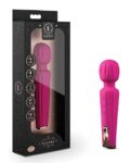 A pink massage wand in packaging, with the product name and various icons indicating its features on the box. The wand is also displayed outside the box to the right for a clearer view.