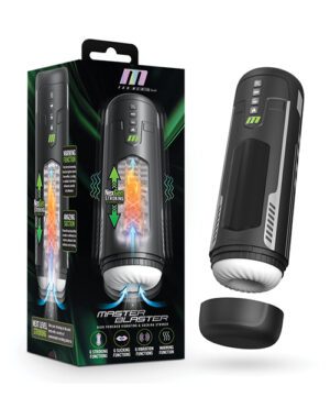 Product packaging next to the product itself, which is a black and gray electronic device with a white cap, bearing the text 'Master Blaster.' The package has images and text highlighting the device's functions and features, with a black and green color scheme and vibrant graphic elements.