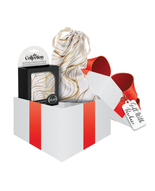 A white and red gift box open to reveal a patterned drawstring bag and a packaged product with a "Gift With Purchase" tag attached.