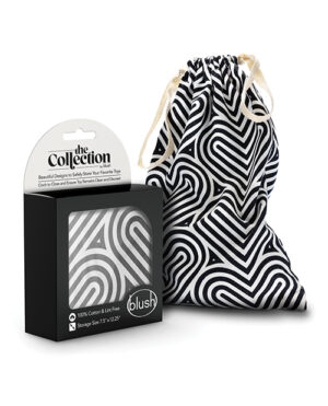 A drawstring bag with a black and white abstract wave pattern alongside its packaging that has a matching design.