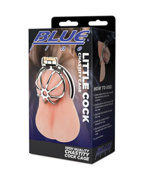 Packaging design for a Little Cock Chastity Cage, featuring instructions and product details.