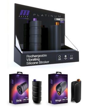 Alt text: The image shows a display of "Elite Platinum" branded silicone stroker products which are rechargeable and vibrating. The products are showcased on a shelf and also depicted on their packaging below.