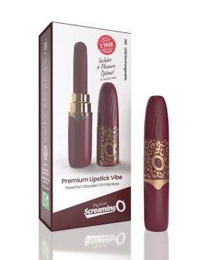 A product image showing a premium lipstick vibe in maroon color with its packaging, which includes the text "Premium Lipstick Vibe" and "2 Year Warranty".