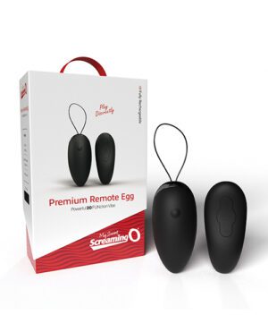 A product image of a "Premium Remote Egg" vibrator with its packaging, featuring a remote control and an egg-shaped device, both in black, with the brand "My Secret Screaming O" visible on the box.