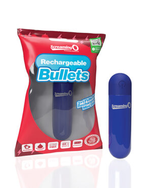 A product image featuring a package of "Screaming O Rechargeable Bullets" with one blue bullet vibrator displayed outside of the red and blue package. The package advertises features such as "USB rechargeable," "10 FUNctions," and "60+ minutes of power." The brand logo is prominently displayed at the top.