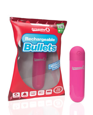 Product packaging for "Screaming O Rechargeable Bullets" with a pink rechargeable mini bullet vibrator displayed next to its packaging. The packaging highlights features such as "USB charge," "10 FUNctions," and "60+ minute vibe time."