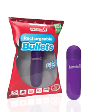 Product packaging for "Screaming O Rechargeable Bullets" with a purple bullet-shaped device next to it.