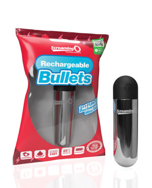 Product packaging for "Screaming O Rechargeable Bullets" with an image of the bullet-shaped product alongside. The packaging highlights features such as "USB rechargeable," "10 FUNctions," "60+ minutes of power," and "waterproof."