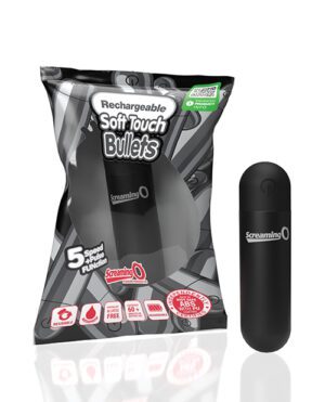 A product package for Rechargeable Soft-Touch Bullets with a black and silver design, alongside the product itself.