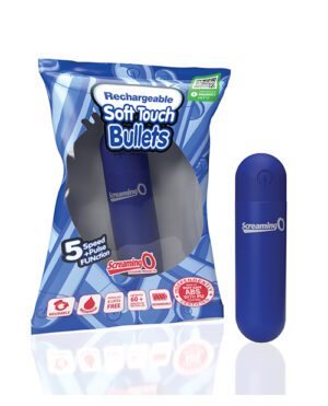 A blue packaged product labeled "Rechargeable Soft Touch Bullets" with a rechargeable device displayed next to it.