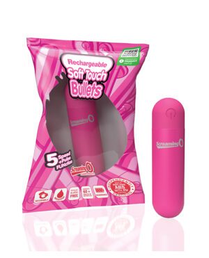 A pink rechargeable soft touch bullet vibrator by Screaming O with its packaging featuring product details.