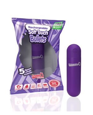 A rechargeable Soft Touch Bullets product in packaging with visible branding and icons indicating features such as "5 speed function" and "phthalate free."