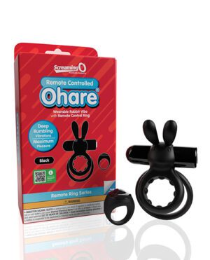 An adult novelty toy called "Remote Controlled O'Hare," which is a wearable rabbit vibrator with remote control ring, beside its red packaging with product details.