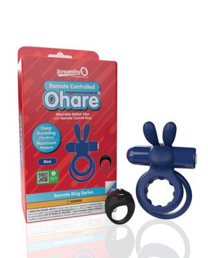 A product image showing a wearable rabbit-style vibrating ring and its packaging which indicates it's called "Screaming O Ohare" and is remote-controlled. The product and remote are displayed next to the box.