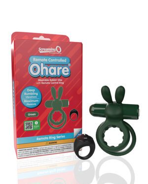 A wearable vibration device and its packaging, with the name "Screaming O Remote Controlled O'Hare" on the package.