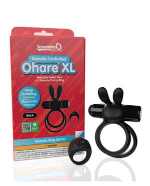 An image showing the packaging and product of the Screaming O Remote Controlled O'Hare XL, which is a wearable rabbit vibe device with a remote control ring, in black color.
