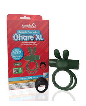A product packaging for the "Screaming O Ohare XL" with a remote control ring next to it, displayed against a white background. The packaging is predominantly red with product details, and the item is a wearable device in green.