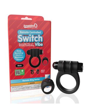 Product packaging for the "Screaming O Switch", a black remote-controlled reversible vibrating ring, displayed next to the actual device and remote control.