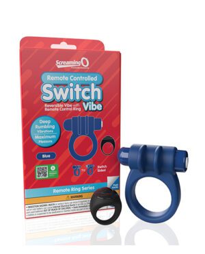 Product packaging for a "Screaming O Remote Controlled Switch Vibe" in red and blue with a reversible vibrator and remote control ring displayed in front of the package.