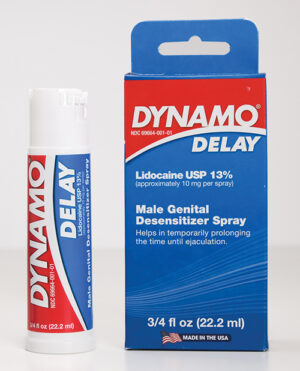 A product image showing a spray bottle labeled "DYNAMO DELAY" next to its packaging box. The box and bottle display indicate that it is a male genital desensitizer spray containing Lidocaine USP 13% designed to help in temporarily prolonging the time until ejaculation. The size is 3/4 fl oz (22.2 ml) and it is made in the USA.